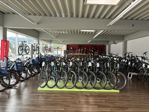 Zweirad Klein Fahrradgeschäft mit einer Vielzahl moderner Fahrräder, hell erleuchtet und geräumig.