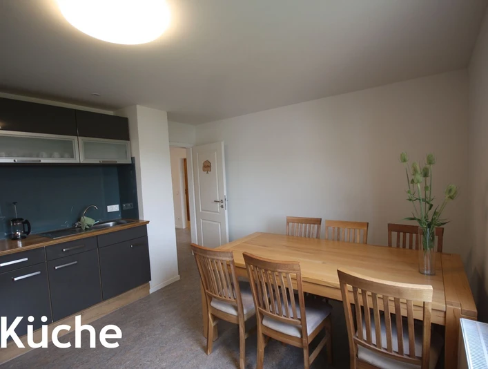 Helle Küche mit Esstisch und sechs Stühlen, moderne Ausstattung mit dunklen Schränken und Pflanze.