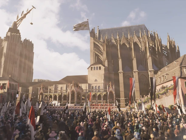 TimeRide VR representation of Cologne The picture shows a lively historical scene in front of a large Gothic cathedral, surrounded by crowds of people, flags and medieval buildings.