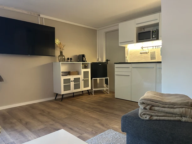 Wohn Esssraum quer.jpg Moderner Wohn-Essbereich mit Holzboden, heller Küchenecke, großem Flachbildfernseher und weißen Möbeln.