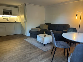 Wohn Küche quer.jpg Moderne Wohnküche mit schlichtem Sofa, Esstisch und voll ausgestatteter Küchenzeile in warmen Tönen.