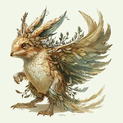 Wolpertinger Ferdi Ein Wolpertinger mit Hasenohren, Flügeln und Blätterschmuck im Detail gezeichnet.