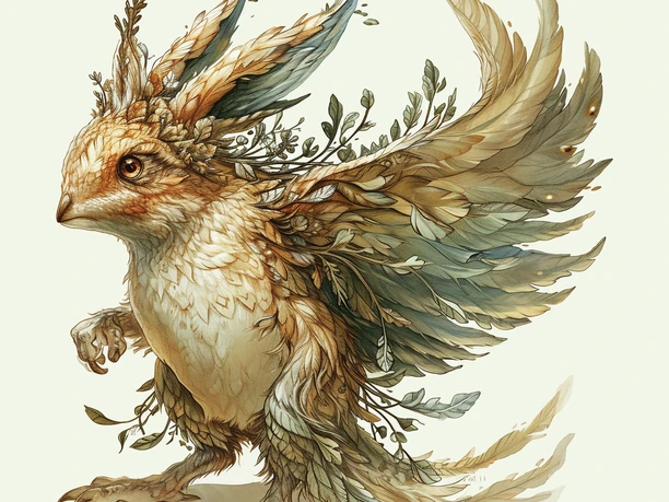 Wolpertinger Ferdi Ein Wolpertinger mit Hasenohren, Flügeln und Blätterschmuck im Detail gezeichnet.