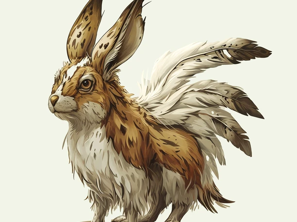 Wolpertinger Lisa Ein Wolpertinger mit Hasenohren, Pfoten und Vogelflügeln, fantasievoll illustriert.