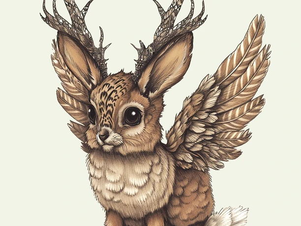 Wolpertinger Susi Fabelwesen mit Hasenkörper, Geweih und Flügeln in detailreicher Illustration.
