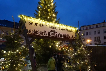 Fonkelende feeënlichtjes sieren een grote kerstboom op de Sebnitz Tannertweihnachtsmarkt.