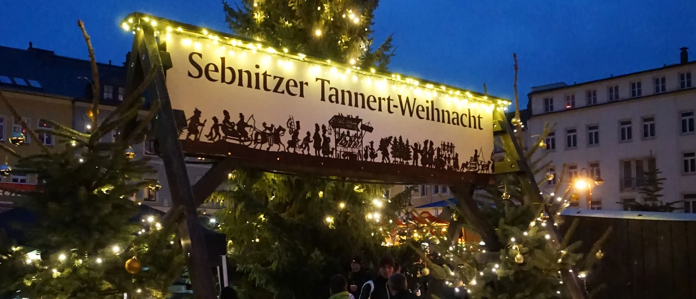 Tannertweihnacht Sebnitz Glänzende Lichterketten schmücken einen großen Weihnachtsbaum auf dem Sebnitzer Tannertweihnachtsmarkt.