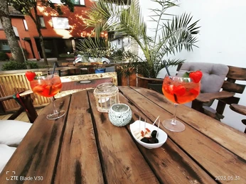 IMG_20230531_200206_690_©Eiscafé Mona Lisa.jpg Zwei Aperol Spritz mit Erdbeerdekor auf Holztisch, umgeben von Palmen und Holzstühlen im sonnigen Freien.