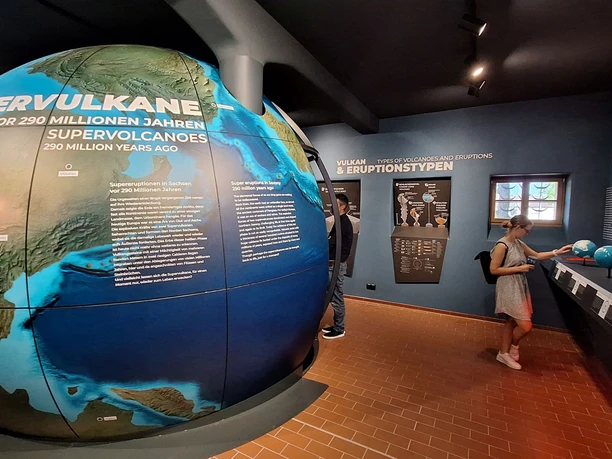 1 - Supervulkan-Zentrum R├Âcknitz - Dauerausstellung - Foto Kathleen Schramm.jpg Ausstellung mit Infotafeln über Supervulkane und tektonische Platten. Besucher erkunden Exponate.