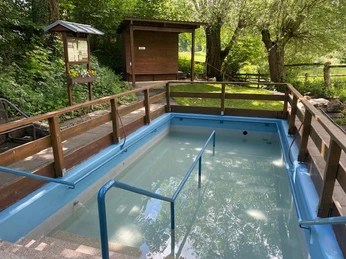 Blaues Tretbecken mit Handlauf, umgeben von Bäumen und einem Infostand, im Grünen gelegen.