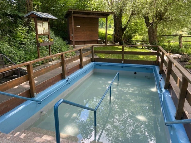 Kanbach_Bilder_Tretbecken_Pömbsen.jpg Blaues Tretbecken mit Handlauf, umgeben von Bäumen und einem Infostand, im Grünen gelegen.