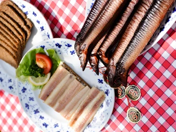aale Auf einem rustikalen Tisch liegen auf einem karierten Tischtuch mehrere frisch geräucherte Aale kunstvoll nebeneinander auf einem Teller. Daneben befinden sich reich belegte Teller mit frischem Brot und zarten Heringsfilets, garniert mit Salat, Zitrone und einer Tomatenscheibe. Alles ist appetitlich auf weißen Tellern mit blauen Mustern angerichtet.