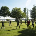 Menschen praktizieren Qigong auf einer Wiese, umgeben von Bäumen und nahe dem Zwischenahner Meer. Der Himmel ist klar.