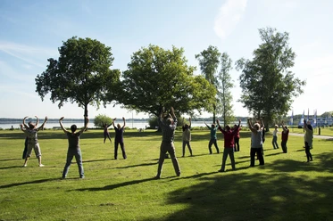 qigong Menschen praktizieren Qigong auf einer Wiese, umgeben von Bäumen und nahe dem Zwischenahner Meer. Der Himmel ist klar.