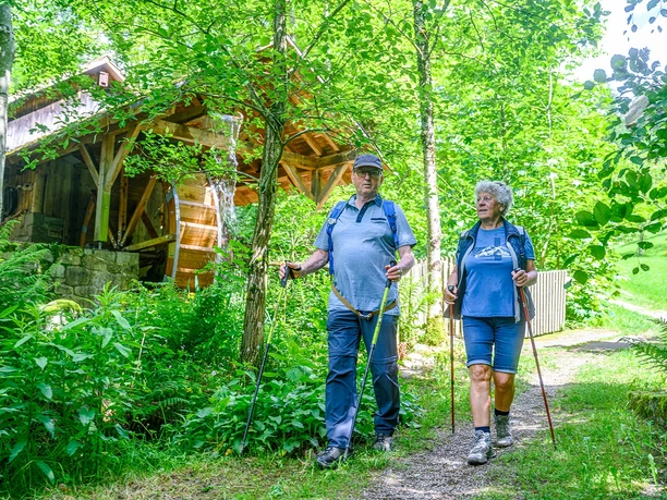 Wanderer bei der Deckerhof-Mühle am WasserMühlenTechnik-Weg wunderschön eingerahmt von grünen Bäumen