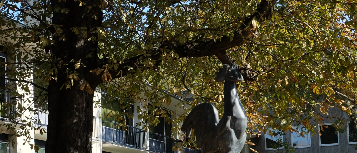 Kölnischer Kunstverein A bronze cockerel is enthroned on a brick plinth in front of a modern building, surrounded by autumn leaves.