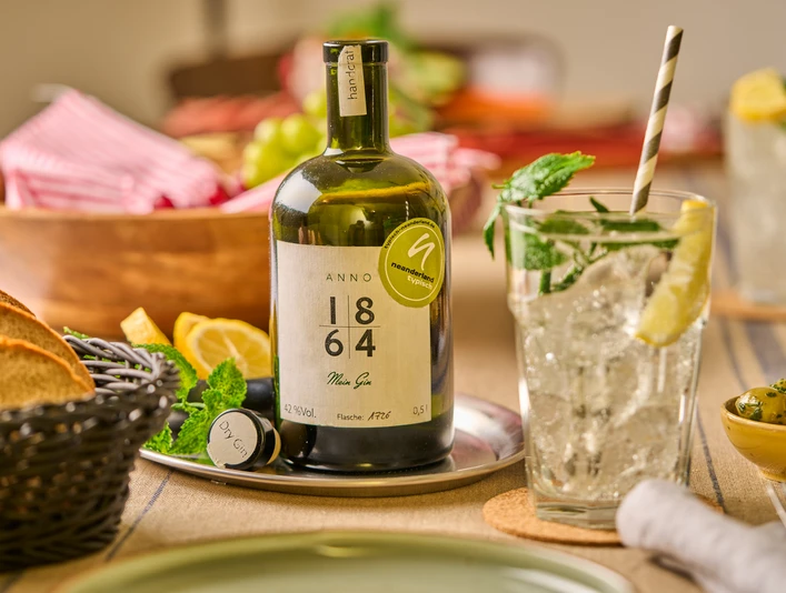 Haus Stemberg Gin - Anno 1864 Haus Stemberg Gin von 1864 in Szene gesetzt mit einem erfrischenden Cocktail und Beilagen.