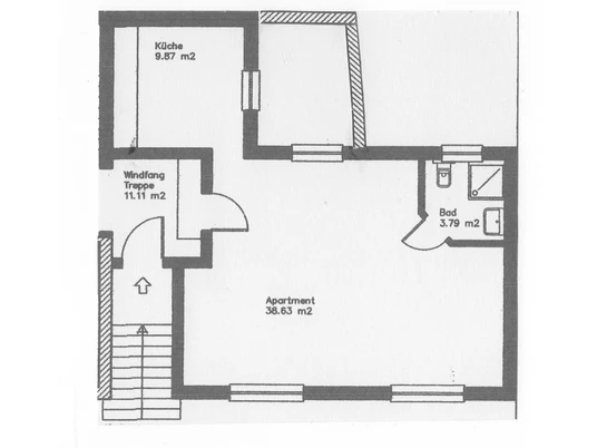 Grundriss Christ Grundriss einer Wohnung mit markierten Räumen: Küche, Windfang/Treppe, Bad, Apartment, Flächenangaben.