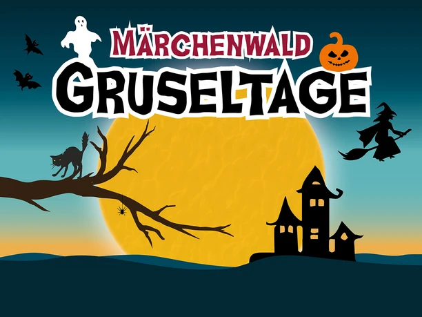 Ein Märchenwald-Plakat zeigt Gruseltage mit Spukhaus, Hexe, Fledermäusen und Kürbis vor Vollmond.