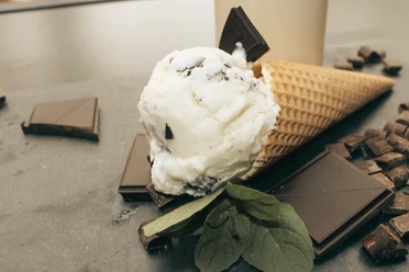 Gottschalk's Hof Stracciatellaeis Eine Eiswaffel mit Stracciatellaeis, umgeben von dunklen Schokoladenstücken und grünen Blättern.
