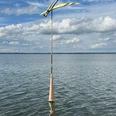 Kunstvolle Skulptur "Libelle im Wind" ragt aus der Wasseroberfläche des Steinhuder Meers empor.