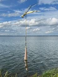 Libelle im Wind Kunstvolle Skulptur "Libelle im Wind" ragt aus der Wasseroberfläche des Steinhuder Meers empor.