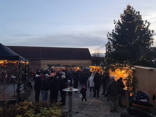Löbnitzer Weihnachtsmarkt Das Bild zeigt einen Weihnachtsmarkt in der Dämmerung, mit Menschen, die sich um festlich geschmückte Stände und einen großen, beleuchteten Weihnachtsbaum versammeln, während die Lichter und Dekorationen eine gemütliche Atmosphäre schaffen.