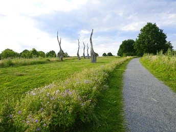 Staff Landschaftspark Lemgo Ein schmaler Kiesweg führt durch eine weitläufige grüne Wiese mit Blumen und vereinzelten Bäumen.