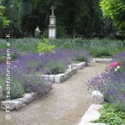 Ein friedlicher Garten mit Lavendelbeeten, flankiert von einem unauffälligen hellen Wegesystem.