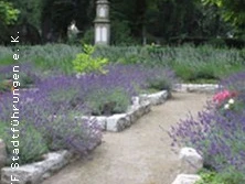 Ein friedlicher Garten mit Lavendelbeeten, flankiert von einem unauffälligen hellen Wegesystem.