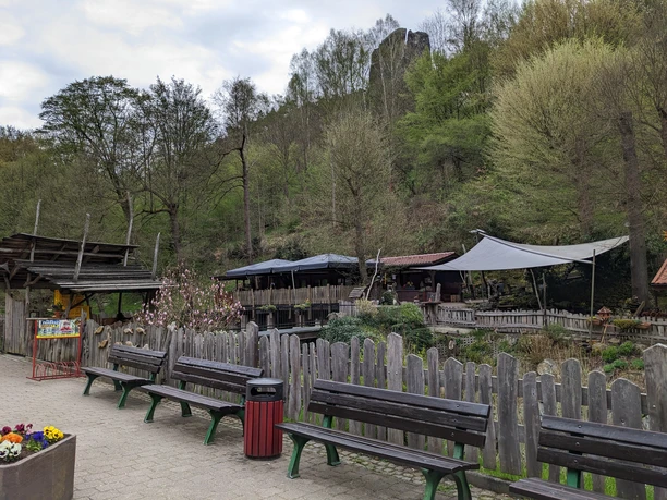 Park benches and a garbage can stand in front of a wooden fence, behind which is a garden with flowering trees and covered seating areas, surrounded by woodland.