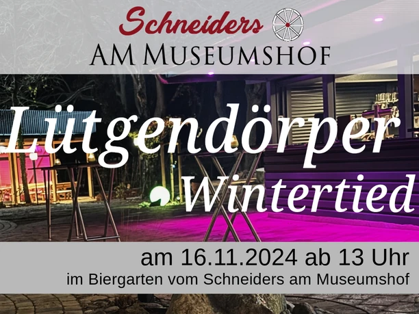 Ein einladender Biergarten bei Nacht, beleuchtet und bereit für das Event "Lütgendörper Wintertied".