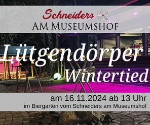 Ein einladender Biergarten bei Nacht, beleuchtet und bereit für das Event "Lütgendörper Wintertied".