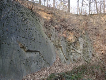 Bruchfläche der Nordwestseite des Grauwacke-Steinbruchs