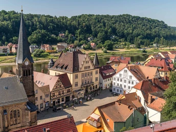 Blick von der Burgruine auf Stadt Wehlen