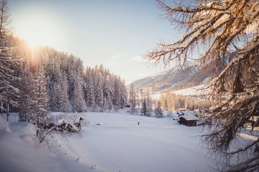 Verschneite Winterlandschaft im Bergdorf Reckingen