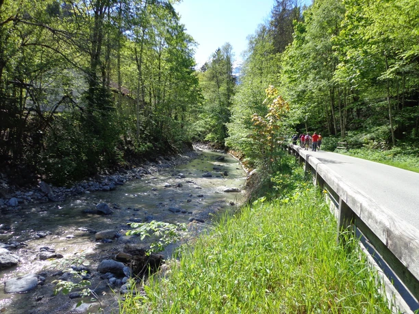 Partnachuferweg Waldweg am flachen Bach mit einer Gruppe Spazierender an einem sonnigen Tag