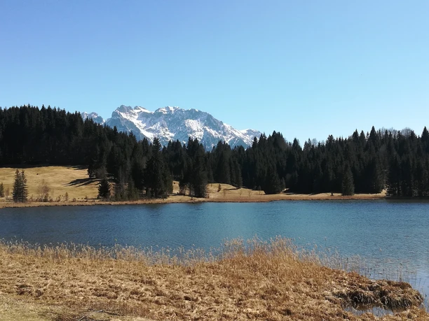 Geroldsee mit dem Blick auf das Karwendel Blick über den Geroldsee zu schneebedeckten Karwendelgipfeln und einem dunklen Nadelwald