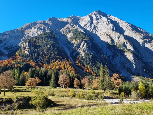 Ahornboden Herbstbunte Bergflanke über weitläufiger Wiese mit vereinzelten Wandernden