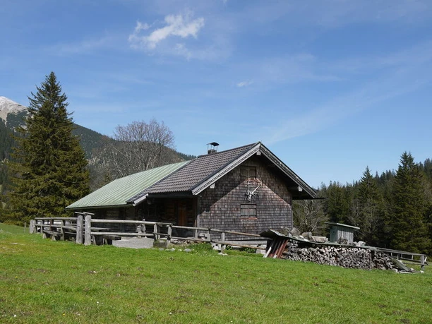Farchanter Alm Almhütte aus Holz vor Waldkulisse mit eingezäuntem Bereich und gestapeltem Brennholz