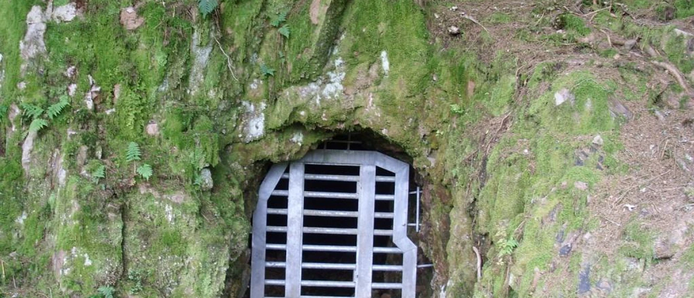 Der vergitterte Stolleneingang zur ehem. Grube Ferdinand