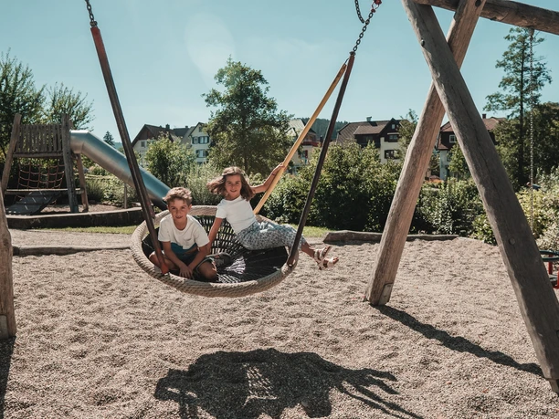 Zwei Kinder sitzen in einer Korbschaukel auf dem Mehrgenerationen-Spielplatz Schelklewiesen