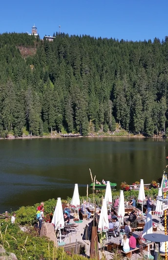 Biergarten am Mummelsee mit Ausblick auf den See und die Hornisgrinde