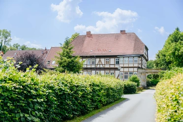 230626_besimmazhiqi-232.jpg Fachwerkhaus mit rotem Ziegeldach und Laubhecken in einer ländlichen Umgebung, Schlangen, Deutschland.