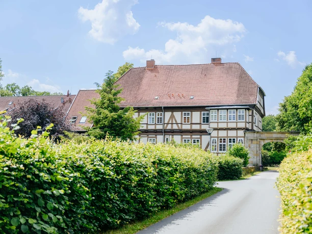 230626_besimmazhiqi-232.jpg Fachwerkhaus mit rotem Ziegeldach und Laubhecken in einer ländlichen Umgebung, Schlangen, Deutschland.