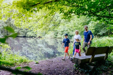 Familie spaziert im Grünen an einem ruhigen See entlang, umgeben von dichtem Baumbewuchs.