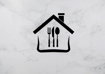 Design ohne Titel.png Schwarz-weißes Logo eines Hauses mit Gabel und Löffel darauf, auf marmoriertem Hintergrund.