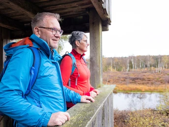 Wanderer auf dem Aussichtsturm im Hochmoor Mecklenbruch