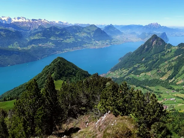 Panorama Richtung Süden und Westen mit Urnersee, Gersau und Rigi