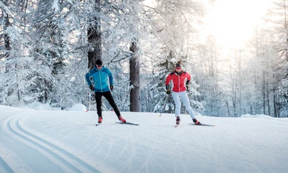 Präparierte Loipe, Wald, Schnee, Langläufer/In